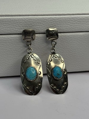 Vintage Native American 925 Sterling Turquoise Silver Earrings Length 1.90 Inch