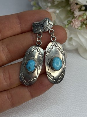 Vintage Native American 925 Sterling Turquoise Silver Earrings Length 1.90 Inch