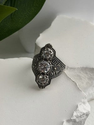 Vintage 925 Sterling Silver Cz & Marcasite Ring Size 6