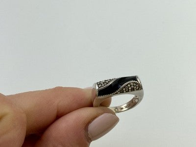 925 Sterling Silver Nephrite ( Jade ) & Black Quartz Ring Size 6.5