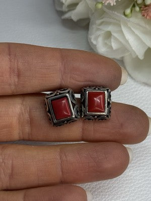 Vintage 925 Sterling Silver Carnelian Earrings Length 0.52 Inch