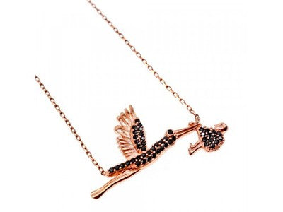 925 Sterling Silver Gold Plated Black Jade "Stork" Necklace Turkey