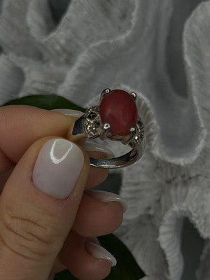 Vintage 925 Sterling Silver Red Jade & Marcasite Ring Size 6.5