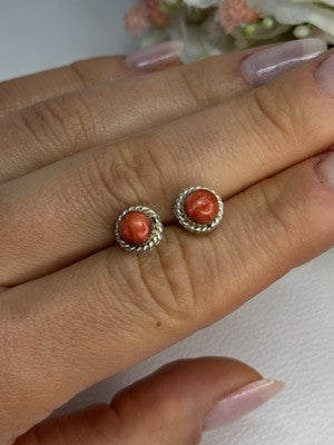 925 Sterling Silver Coral Earrings Length 0.30 Inch