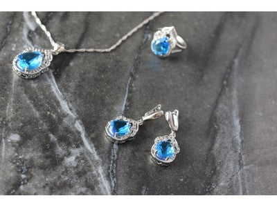 925 Sterling Silver Blue CZ ( Imitation Topaz ) SET