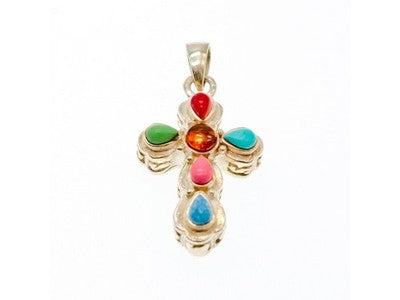 925 Sterling Silver Multicolor Agate Cross Pendant