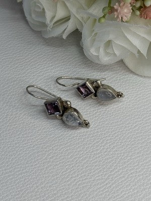 925 Sterling Silver Amethyst & Moonstone Earrings Length 1.30 Inch