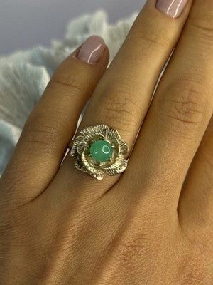 925 Sterling Silver Nephrite Flower Ring Size 6.5