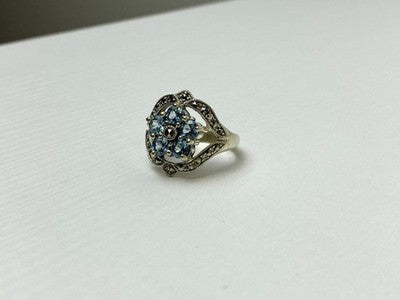925 Sterling Silver Blue Topaz & Marcasites Ring Size 8
