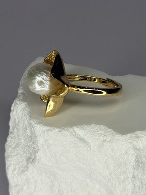 925 Sterling Silver Gold Plated Pearl "Ocean Mood" Ring Size Adjustable