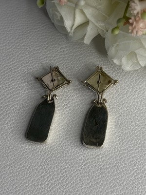 925 Sterling Silver Abalone & Onyx Earrings Length 1.50 Inch