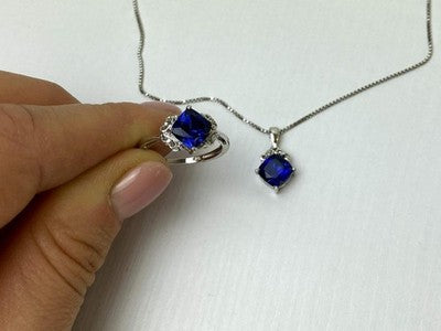 925 Sterling Silver London Blue Topaz Ring & Chain With Pendant Set