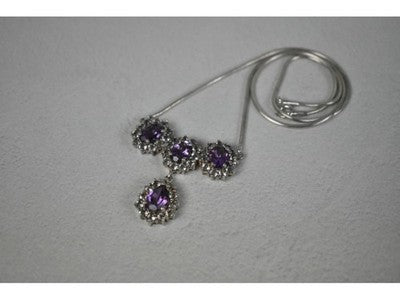 925 Sterling Silver Purple Tourmaline & Colorless Spinel Necklace Italy