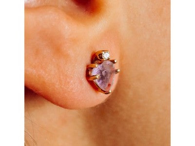 14K Yellow Gold Amethyst & Diamonds "Hearts" Stud Earrings