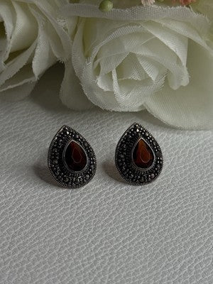 925 Sterling Silver Garnet & Marcasite Earrings Length 0.60 Inch