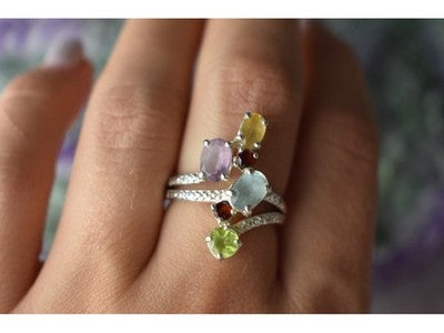 925 Sterling Silver Multi Gemstones Ring Size 8