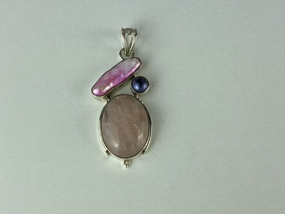 925 Sterling Silver Morganite, Haliotis & Pearl Pendant