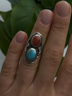 Vintage Boho 925 Sterling Silver Coral & Turquoise Ring Size 5