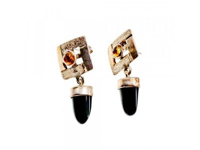 925 Sterling Silver Black Agate & Amber Earrings