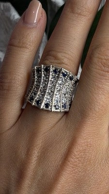 925 Sterling Silver Blue Sapphires & Clear Topaz Stones Ring Size 6