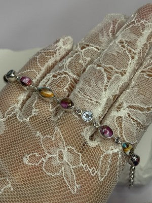 925 Sterling Silver Oyster Turquoise & Topaz Bracelet Length 6-8 Inch