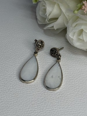 Vintage 925 Sterling Silver Abalone & Marcasite Earrings Length 1.60 Inch