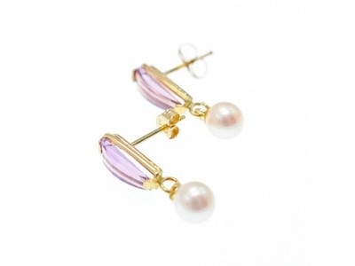 14K Yellow Gold Amethyst & Pearls Earrings Italy