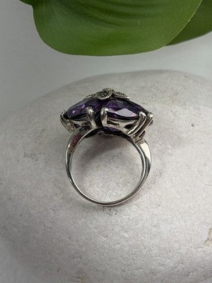 925 Sterling Silver Amethyst & Marcasite Flower Ring Size 7.5