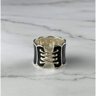925 Sterling Silver Black Enamel "Corset" Ring Size 7