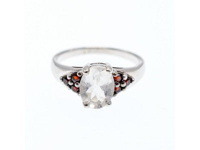 925 Sterling Silver Goshenite & Garnet Ring Size 8