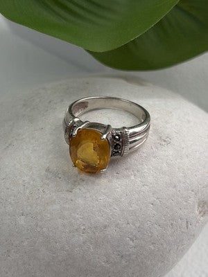 925 Sterling Silver Citrine & Marcasite Ring Size 8