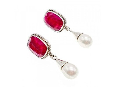 Vintage 925 Sterling Silver Ruby & Pearls Stud Earrings