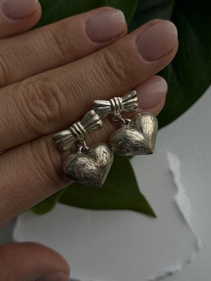 Vintage Heart with Bow Dangle 925 Sterling Silver Earrings