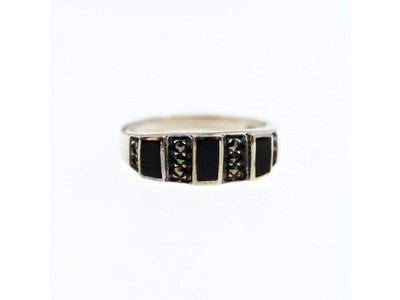 925 Sterling Silver Black Nephrite & Marcasites Ring Size 5.75