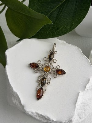 925 Sterling Silver Amber Cross Length 2 in