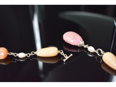 925 Sterling Silver Rose Quartz, Yellow Agate and Orange Carnelian Necklace