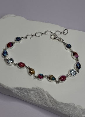925 Sterling Silver Oyster Turquoise & Topaz Bracelet Length 6-8 Inch