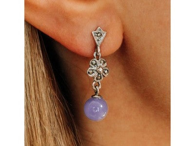 Vintage 925 Sterling Silver Purple Agate & Marcasites Earrings
