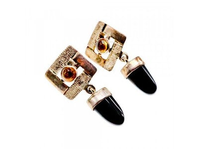 925 Sterling Silver Black Agate & Amber Earrings