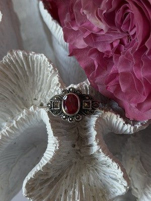 925 Sterling Silver Ruby & Marcasite Ring Size 8