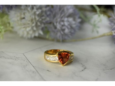 925 Sterling Silver Gold Plated Orange Topaz & CZ Ring Size 8.5