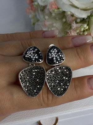 Aesthetic 925 Sterling Silver Marcasite & CZ Earrings Length 1.45 Inch