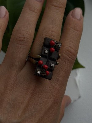 By Philippe Black Enamel & Red Bead Cherry 925 Sterling Silver Ring Size 8