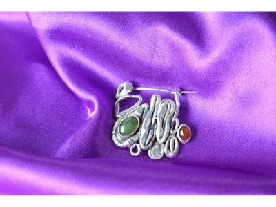Vintage 925 Sterling Silver Green Jade & Red Carnelian Brooch