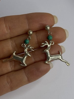 925 Sterling Silver Malachite Deer Earrings Length 1.40 Inch