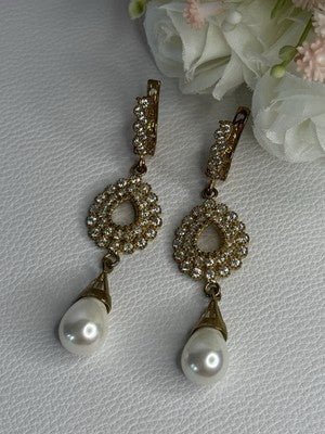 GOLD PLATED PEARL & CZ EARRINGS LENGTH 2.60 INCH