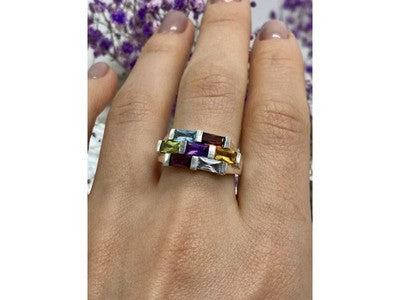 925 Sterling Silver Multi Gemstones Ring Size 11