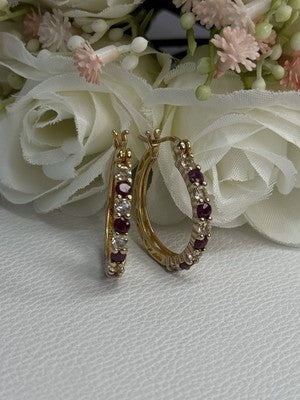 925 Sterling Silver Gold Plated Ruby & Beryl Earrings Length 1.10 Inch