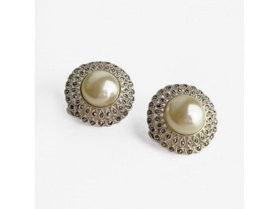 Vintage 925 Sterling Silver Pearl & Marcasites Clip-On Earrings
