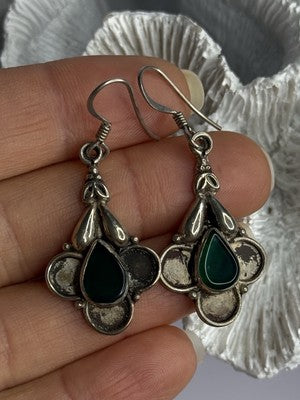 Vintage 925 Sterling Silver Malachite Earrings Length 1.70 Inch